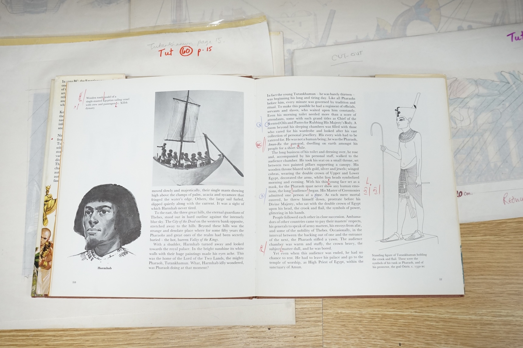 Angus McBride (1931-2007), five illustrations from 'One day in Tutankhamun's Egypt' to include Processions, Pyramid building and Studies of Pharoahs, watercolour and gouaches, largest 38 x 80cm, unframed, together with t
